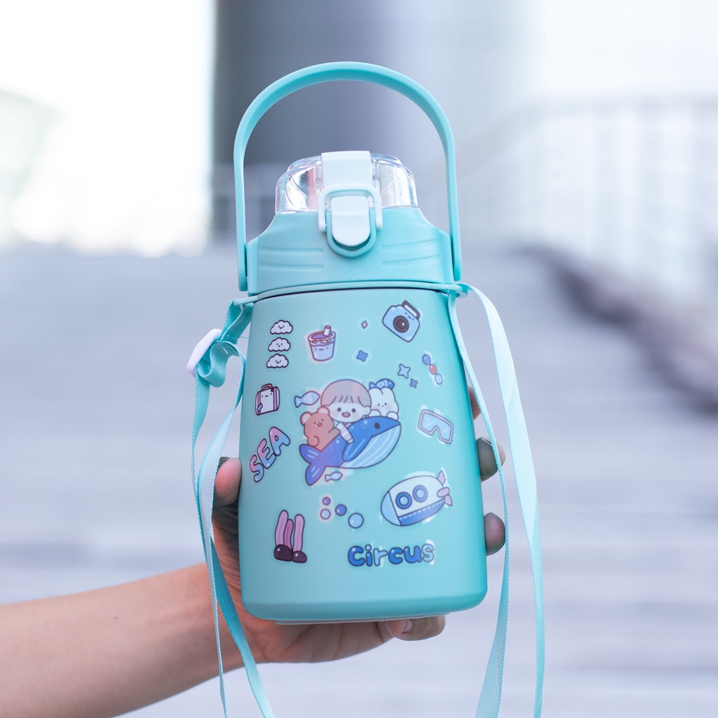 Bình nước bình giữ nhiệt, bình giữ nhiệt cute có ống hút, inox 304 không rỉ an toàn ( bình giữ nhiệt+ sticker )