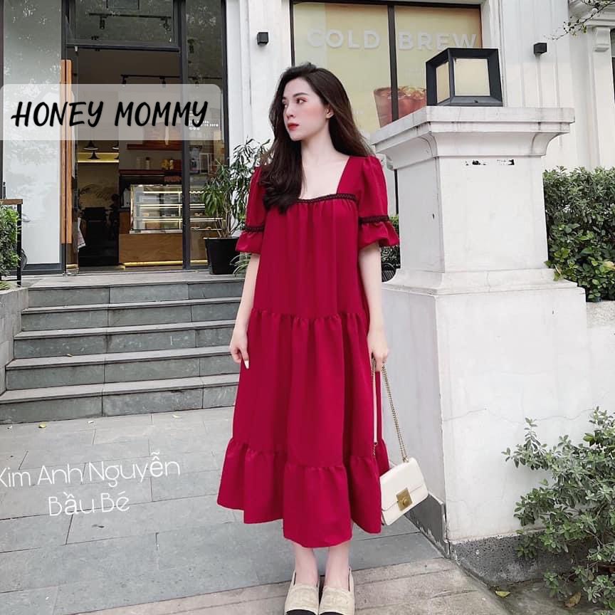 Váy Bầu Cổ Vuông Màu Đỏ Ngắn Tay Đầm Bầu Đẹp Mùa Hè Đi Tiệc Đi Chơi HD2628 Honey Mommy