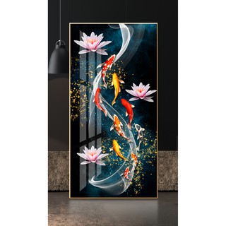 Tranh treo tường tài lộc ca chép hoa sen chất liệu bóng kiếng hoặc vải canvas 202006052325013795469