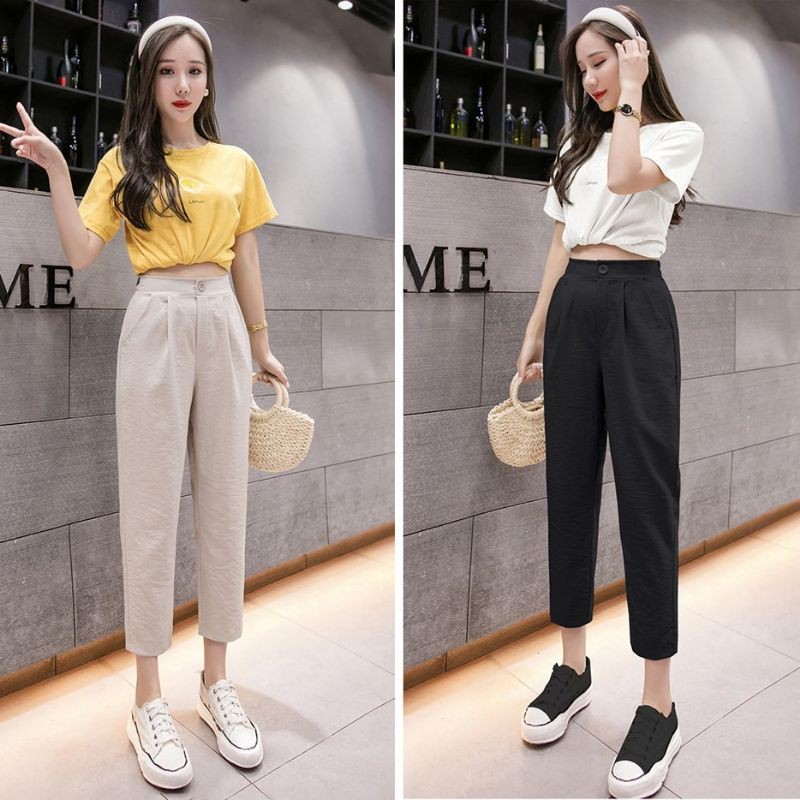 Quần baggy nữ lưng chun vải đũi thun chun chất vải xước mềm dày dặn - Quần vải nữ dáng dài mặc ở nhà đi học học sinh
