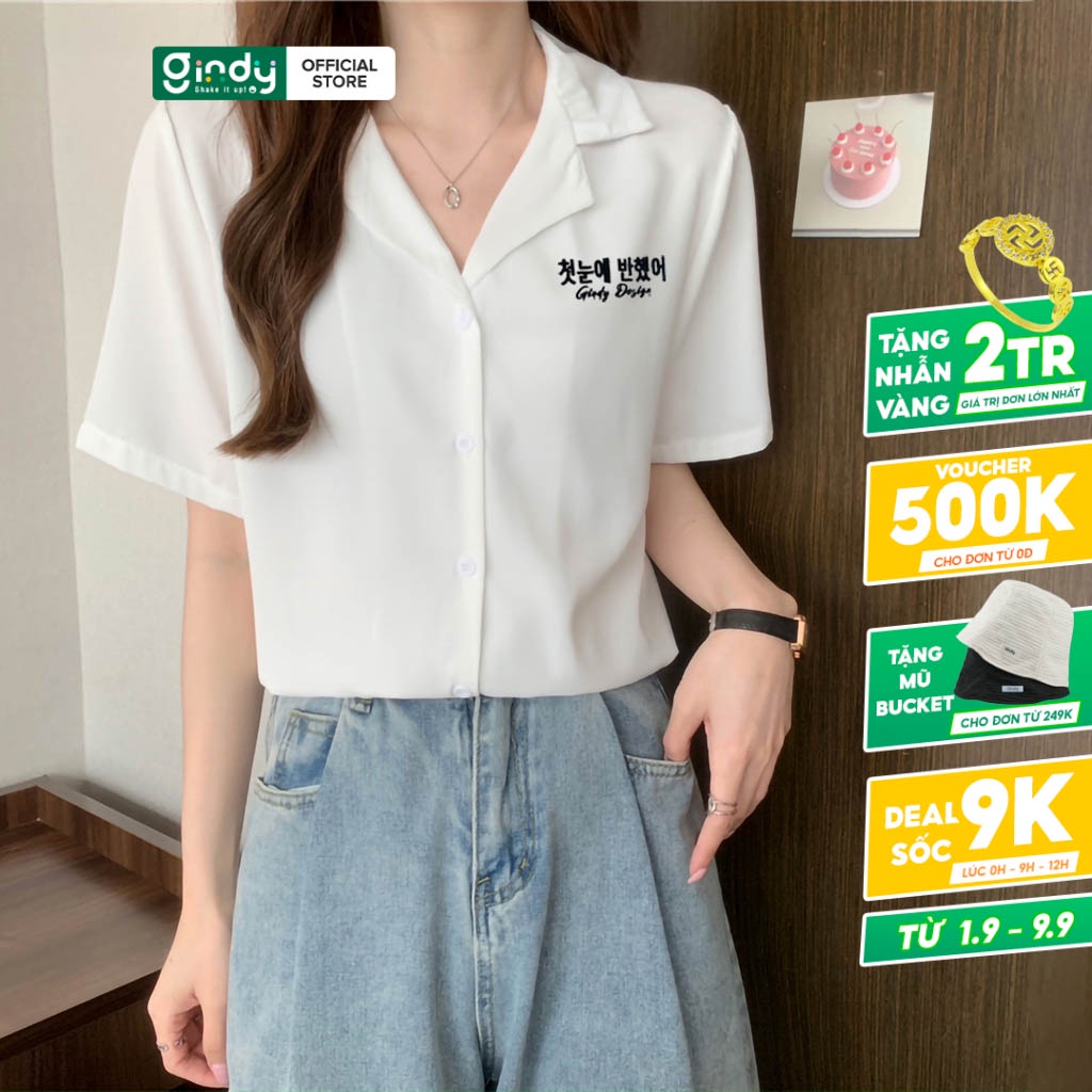 Áo sơ mi nữ tay ngắn Hàn Quốc GINDY cổ vest thêu chữ thời trang công sở, học sinh, sinh viên A029