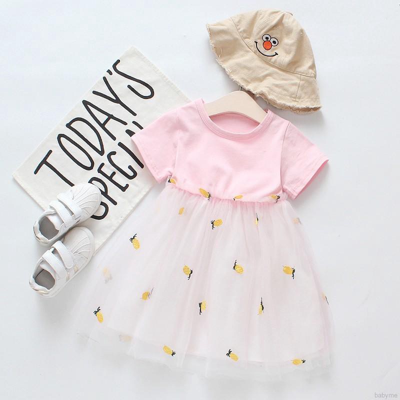 ♕ babyme ღ Baby Girl Pineapple Printing Short Sleeve Casual Dresses Princess Mesh Dress