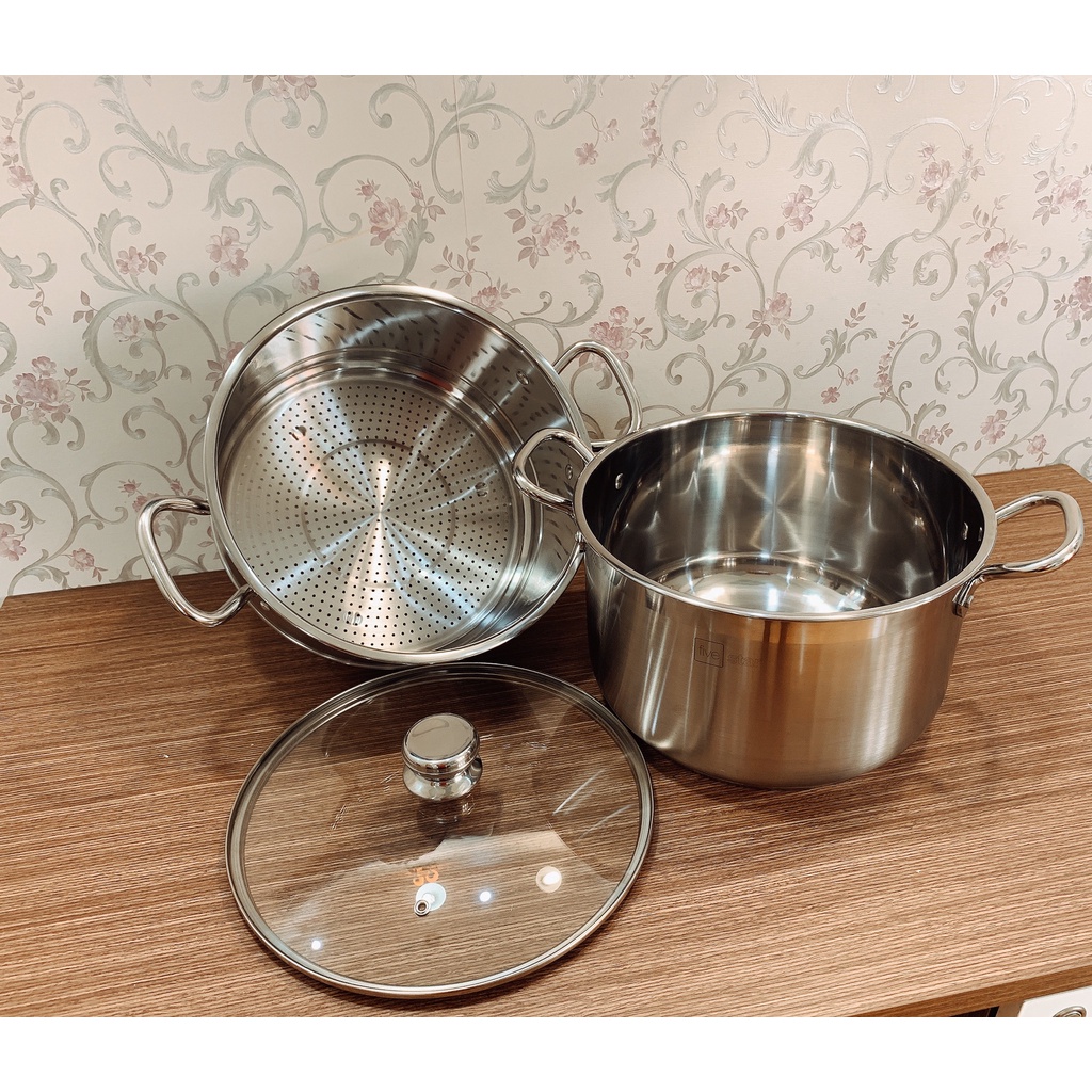 Bộ nồi xửng hấp inox 430 FiveStar Standard 3 đáy nắp kính tặng 2 muỗng canh ( 26cm/28cm/30cm),