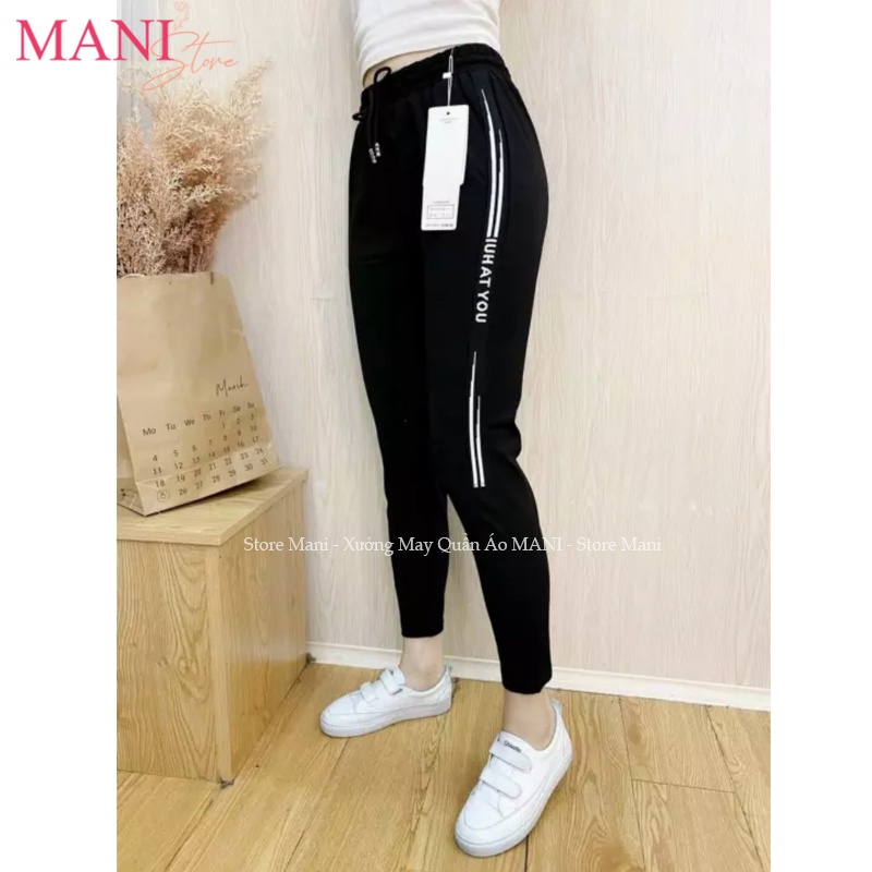 Quần jogger nữ dây rút kiểu quần thể thao nữ dài vải Umi Hàn co giãn màu đen viền sọc chữ mặc tập gym ở nhà đi chơi đẹp