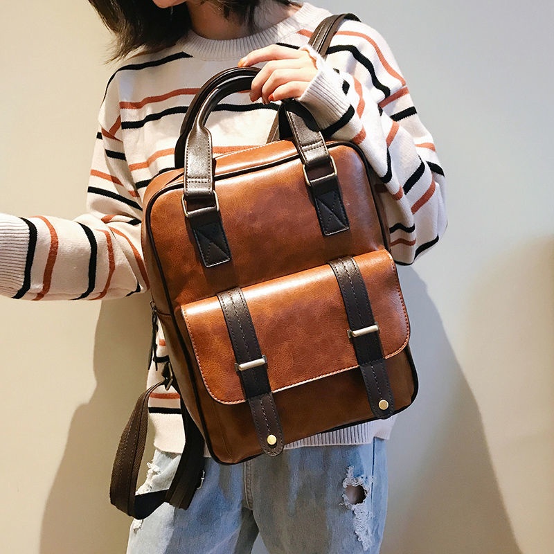 British style backpack female Korean version ins retro large capacity student schoolbag soft leather