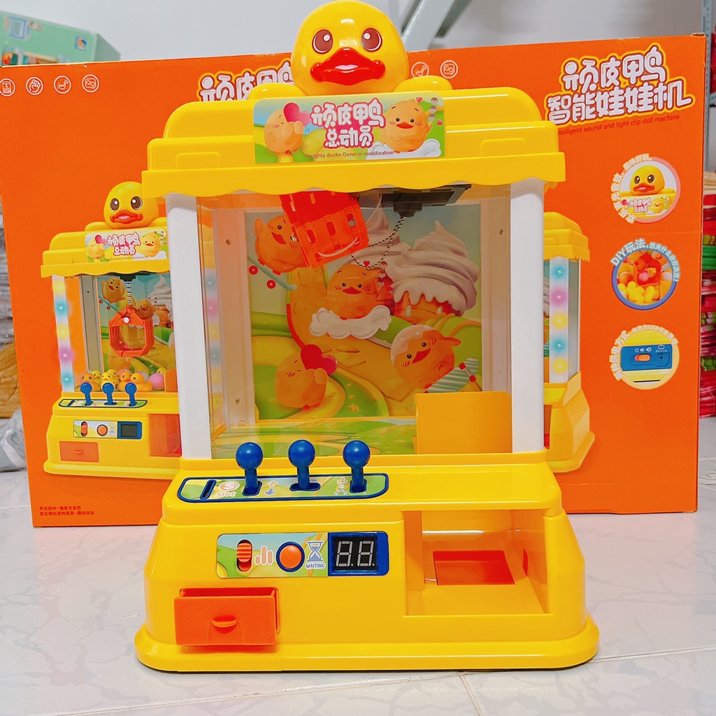 máy gắp thú mini siêu rẻ, máy gắp thú vịt vàng cao 41cm kèm gấu và xu đồ chơi cho bé