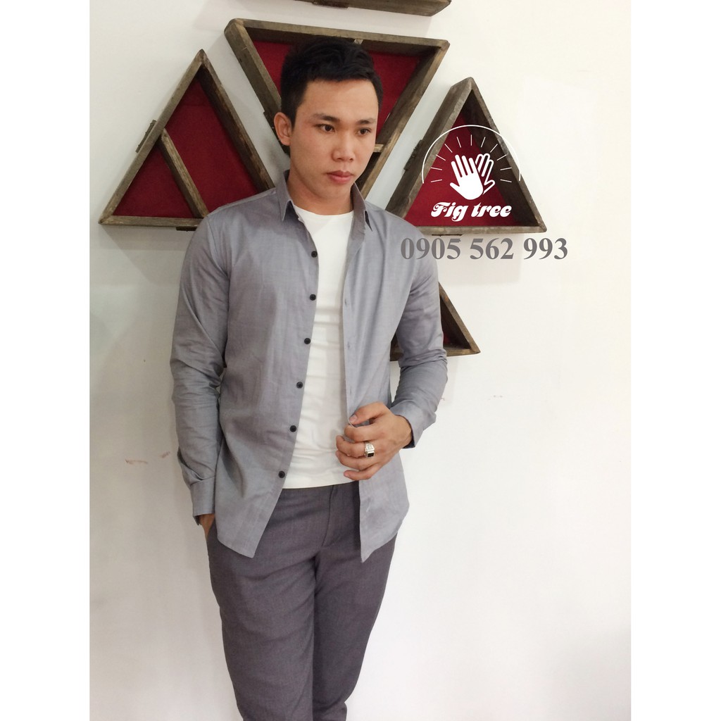 Áo Sơ Mi Nam FIGTREE Màu Xám Ghi Cổ Bẻ Bão For Men