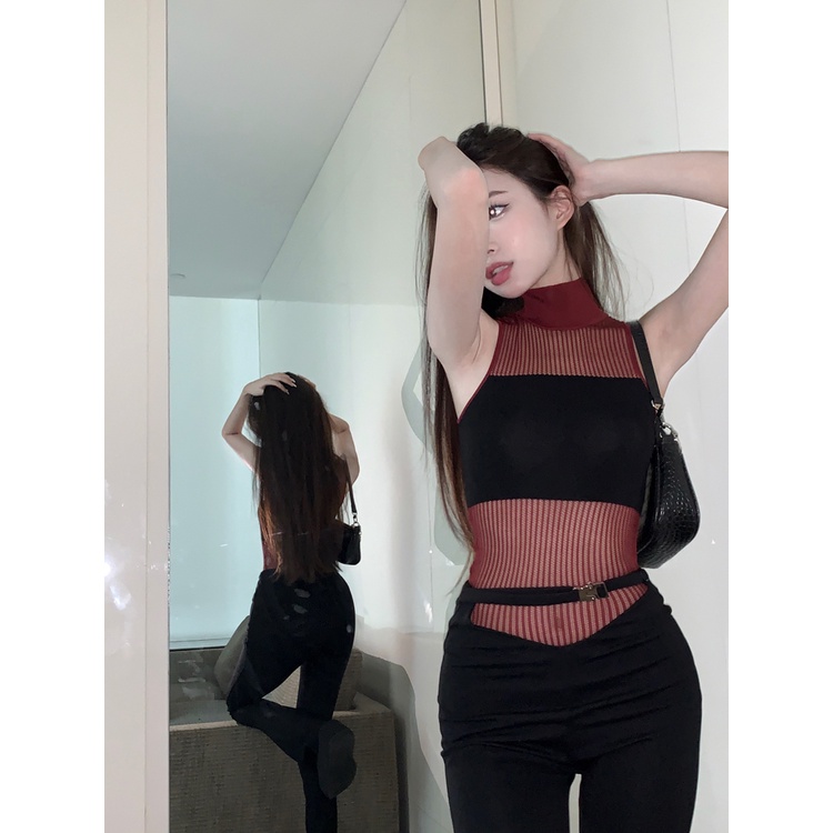 QADCOL  Áo Dệt Kim Hai Dây Cổ Lọ Phối Lưới Thời Trang Mùa Hè Quyến Rũ Cho Nữ