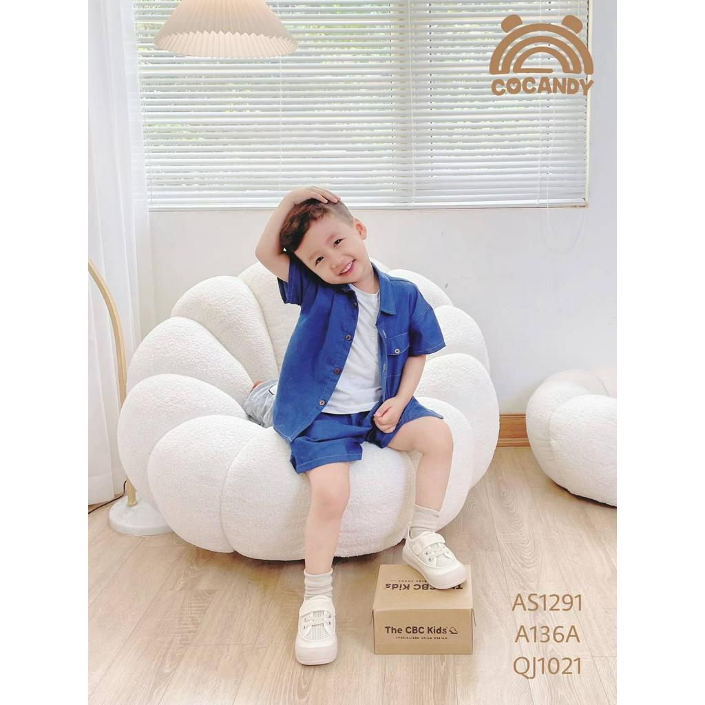 Set đồ cho bé- Áo sơ mi xanh, áo thun trắng và Quần cộc jean cho bé của COCANDY mã AS129154, QJ102154