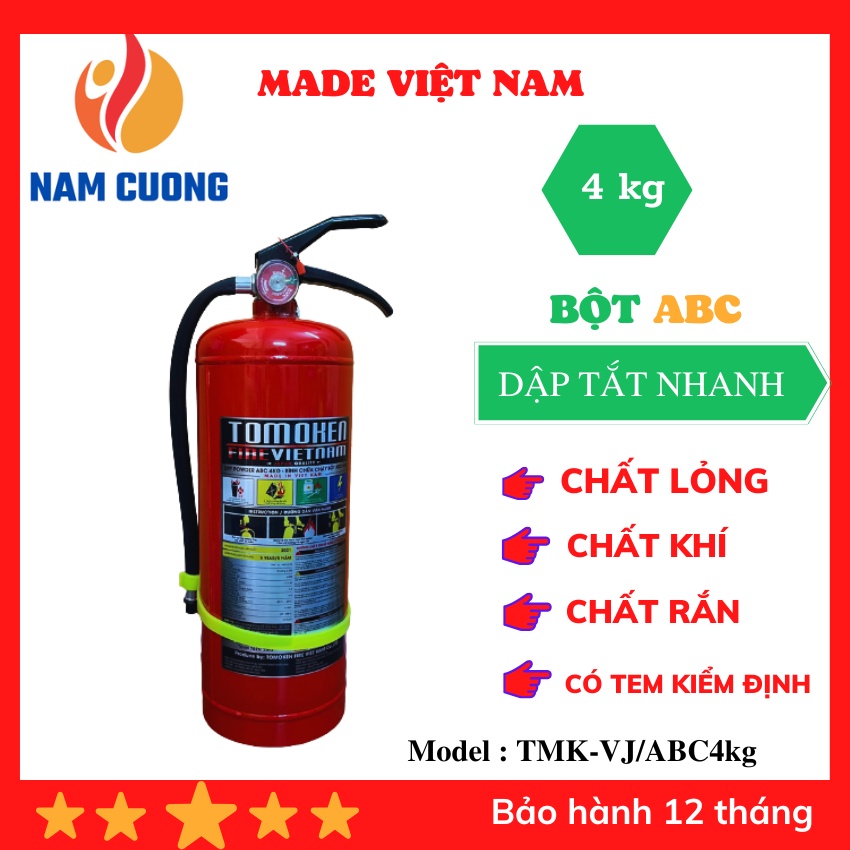 Bình chữa cháy TOMOKEN bột ABC 4kg sản xuất tại VIỆT NAM theo công nghệ NHẬT BAN, chất lượng cao