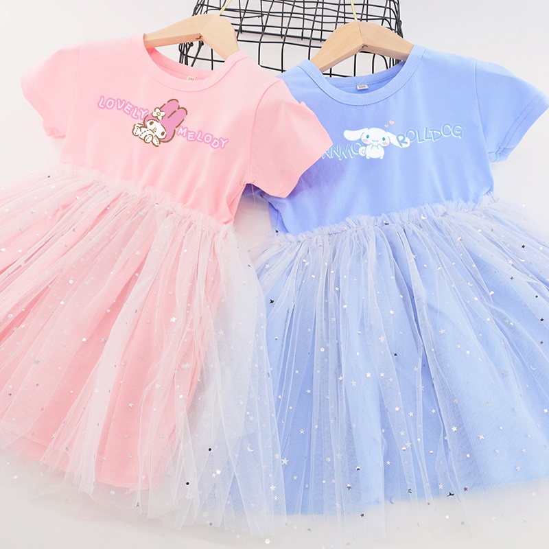 Đầm Cotton Đính Kim Sa Họa Tiết Ngôi Sao Mặt Trăng Hoạt Hình Cho Bé Gái Từ 3-8 Tuổi