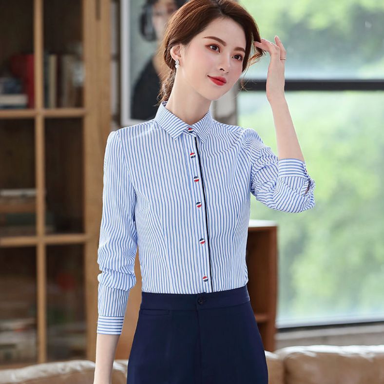 Áo Sơ Mi Công Sở Dáng Rộng Kẻ Sọc Xanh Dương 2022 Thời Trang Công Sở Cho Nữ