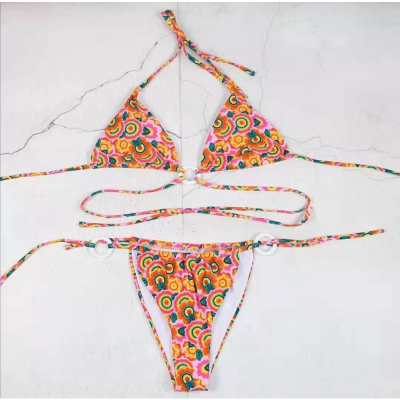 Bikini Tam Giác 2 Mảnh Hoa Nhí Nâu Tây Vintage
