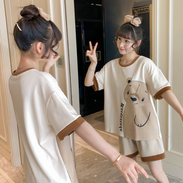Set Bộ Nữ ,Đồ Bộ Nữ Hình Gấu Mix Quần Sooc-Chất Thun Coton 2 Màu Siêu Xinh