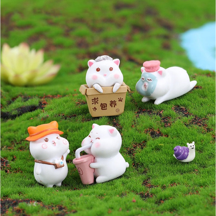 Decor bàn học full bộ 7 tượng mèo béo mặc áo mưa dễ thương trang trí terrarium