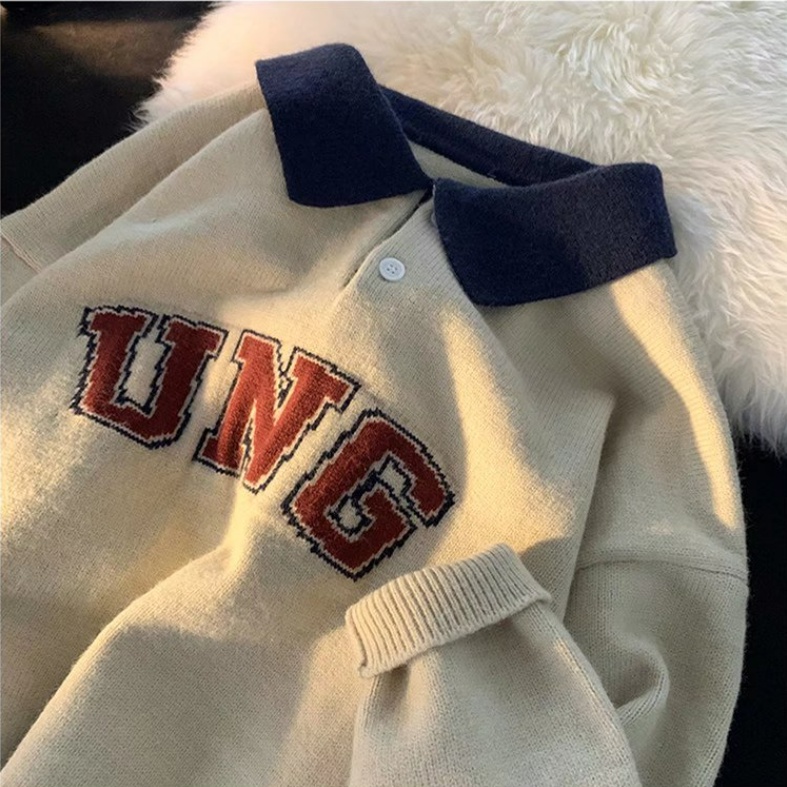 Áo sweater cổ polo dáng rộng kiểu Hàn Quốc thời trang cho các cặp đôi thời trang bông bigsize áo len unisex fashion áo nỉ sweater nam