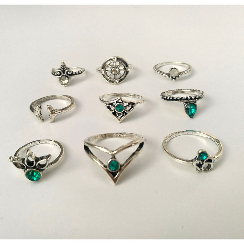 Set 9 nhẫn đính đá xanh phong cách boho thổ dân - N68