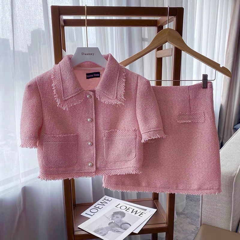 Set dạ bố màu hồng xinh xắn, Áo Dạ Tweed Kèm Chân Váy A Hàng Quảng Châu (HÌNH THẬT)