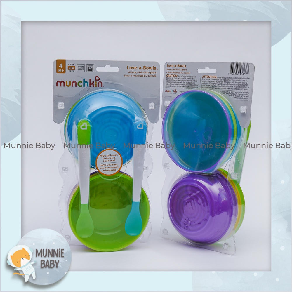 Bộ 4 chén 2 muỗng có nắp đậy Munchkin - chén/bát ăn dặm