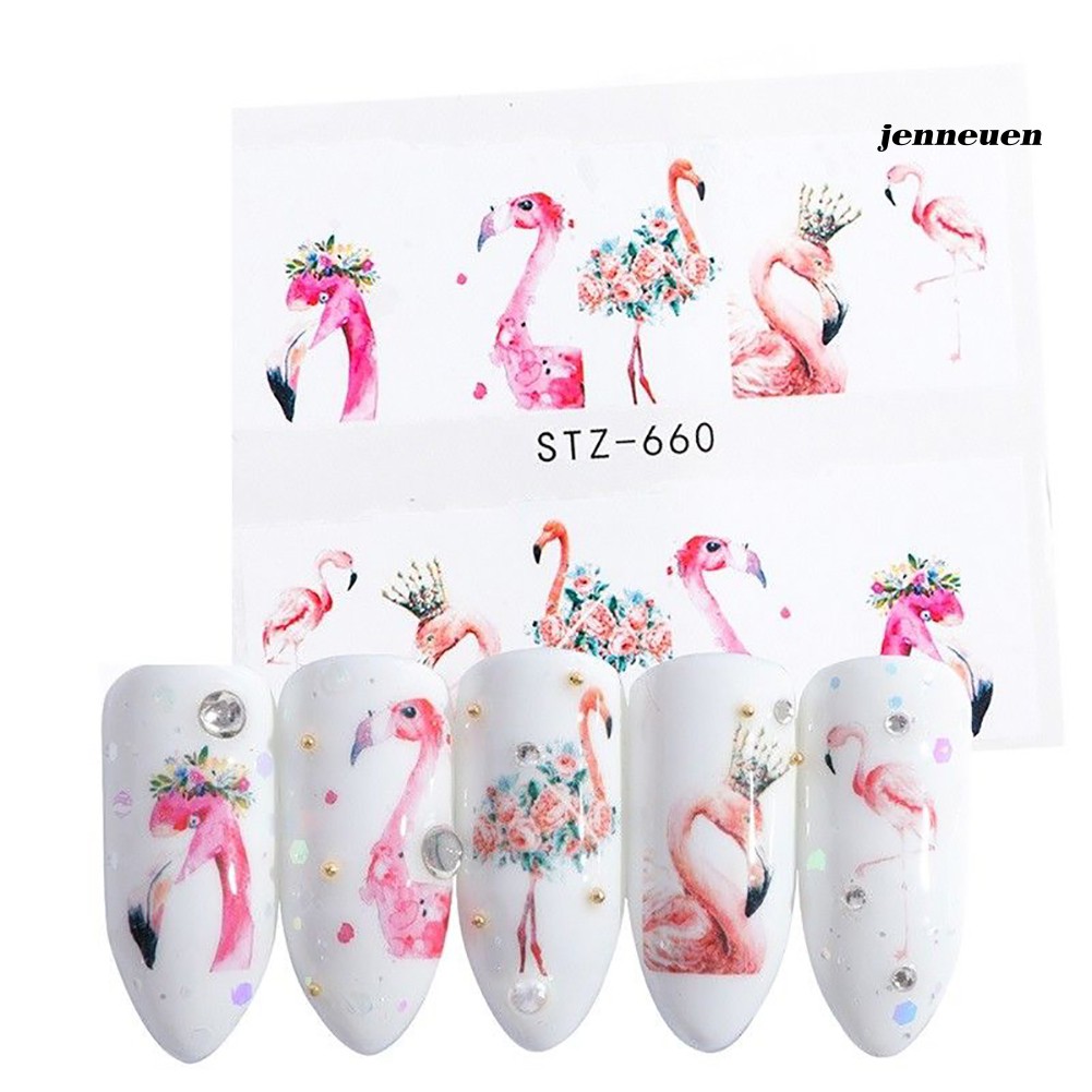 [Hàng mới về] Bộ 15 tờ miếng dán trang trí móng tay nghệ thuật chuyển nước họa tiết hoa và chim hồng hạc xinh xắn