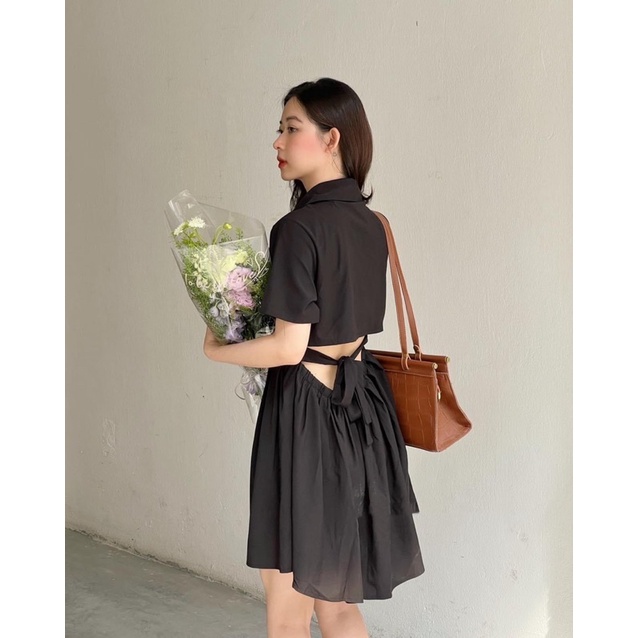 ĐẦM SƠ MI ĐEN DÁNG XOÈ HỞ LƯNG UNISEX ĐƠN GIẢN BASIC SUN FASHION