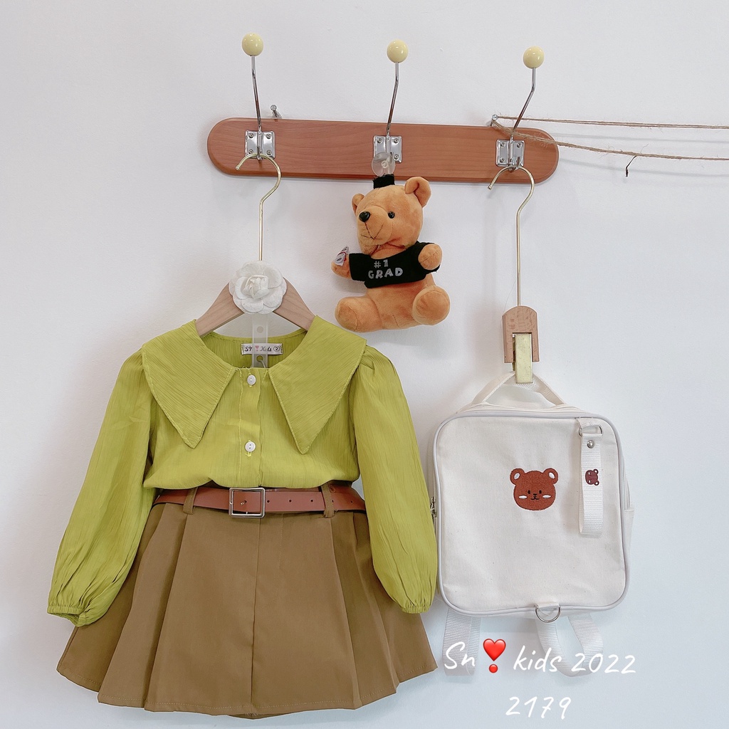 Quần áo bé gái, set áo tơ nhăn xịn cổ bản to kèm chân váy xếp ly tặng dây lưng cho bé size 10-35kg