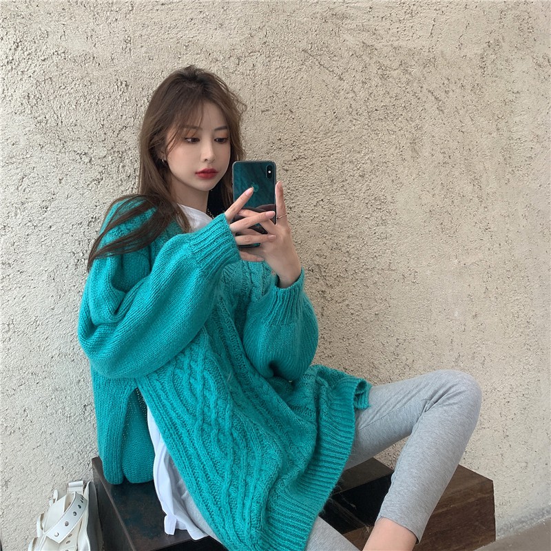 Sweater women autumn and winter blue thick retro pullover coat loose knit sweater mid-length outer wear top tide