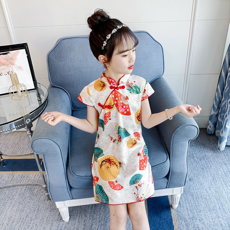 Đầm Sườn Xám Tay Ngắn Họa Tiết Hoa Phong Cách Trung Quốc Cho Bé Gái