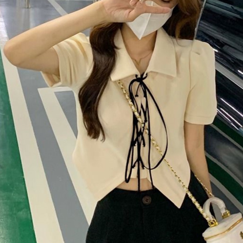 Áo sơ mi croptop RENJIANVSHENG 168522 tay ngắn kiểu dáng ngọt ngào thiết kế lệch tà phối dây thắt sành điệu