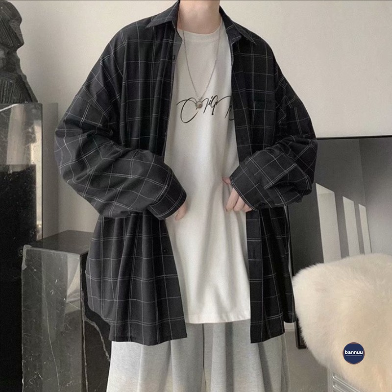 Áo sơ mi tay dài dáng rộng kẻ sọc thời trang Hàn Quốc cho nam | BigBuy360 - bigbuy360.vn