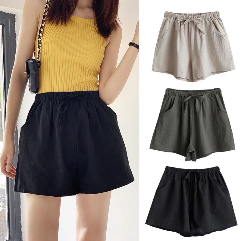 Quần short nữ ống rộng vải đũi mặc nhà cạp cao bigsize GUPO STORE WS31