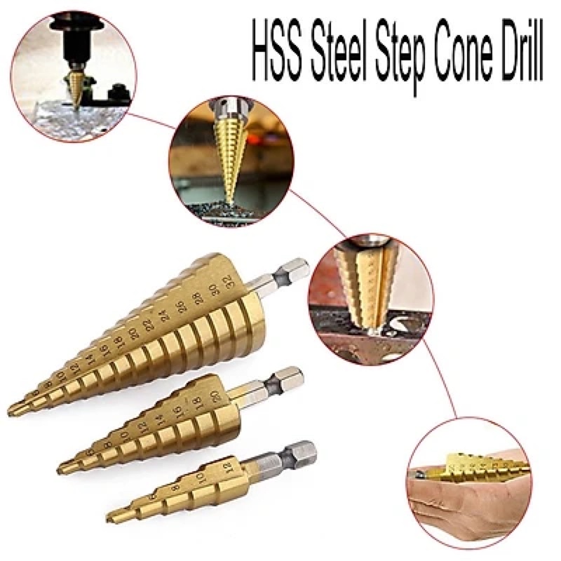 Mũi khoan bước, tháp phủ titanium 4-32mm khoét lỗ tròn chuyên khoan sắt, gỗ, tôn nhôm