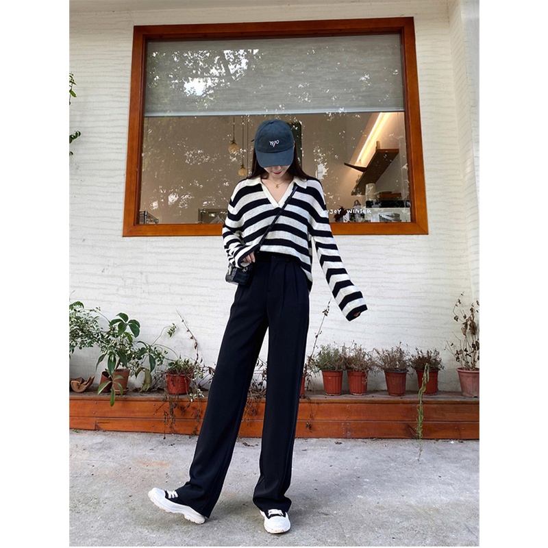 Quần ống rộng lưng cao màu sắc đơn giản phong cách Hàn Quốc độc đáo