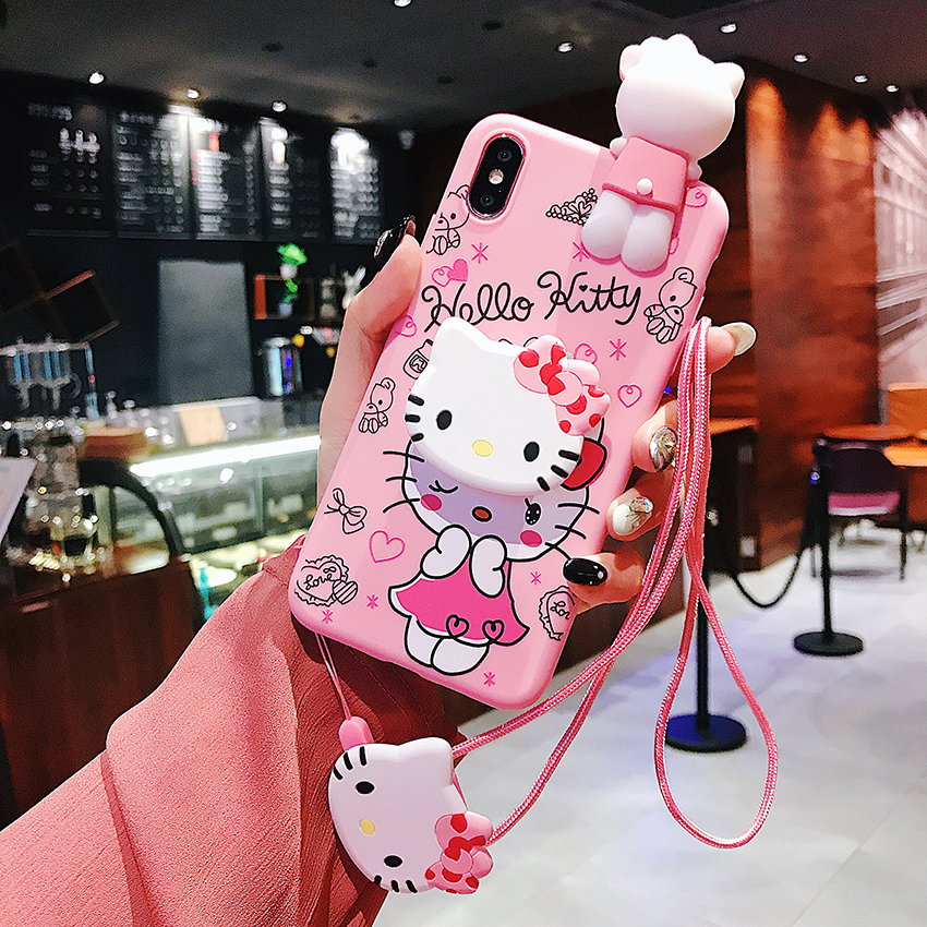Hộp đựng điện thoại Hello Kitty màu hồng cho Xiaomi POCO M3 10T 10T Pro 5G POCO X3 X3 NFC Hoạt hình dễ thương 3D Kitty Cat Chủ sở hữu chân đế Dây buộc Vỏ bọc silicon mềm