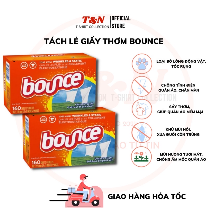 Giấy thơm quần áo BOUNCE MỸ tách lẻ 5-10tờ T&N TSHIRT COLLECTION giúp quần áo thơm mát mềm mại, đỡ nhăn, chống tĩnh điện