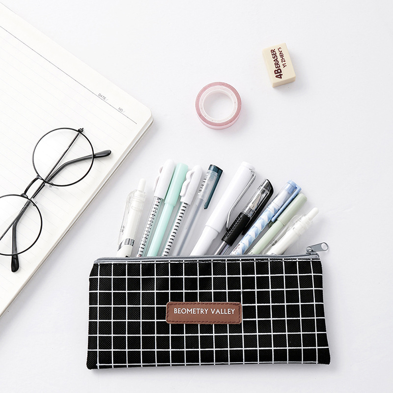 【cfh】Simple and Fresh Plaid Dot Canvas Pencil Case Cute Student Pencil Bag Large Capacity Stationery Bag