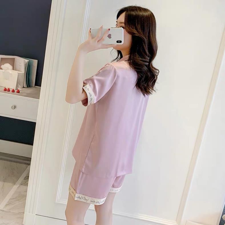 Bộ ngủ lụa Pizama đùi cộc hoạ tiết viền chữ cao cấp