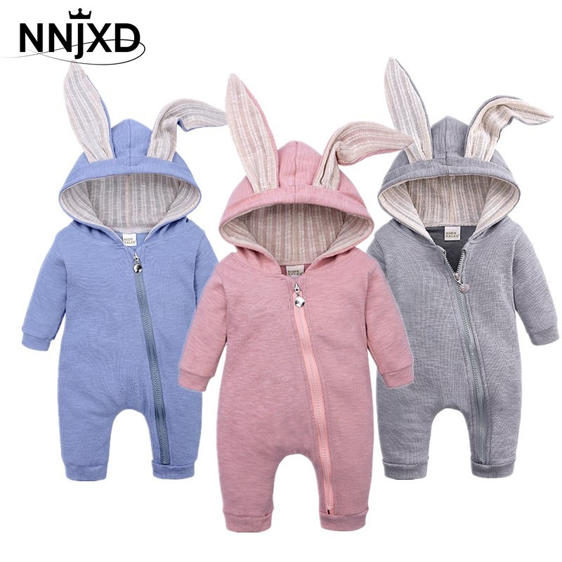 NNJXD Bộ áo liền quần tay dài phong cách thu đông thiết kế tai thỏ đáng yêu cho trẻ sơ sinh