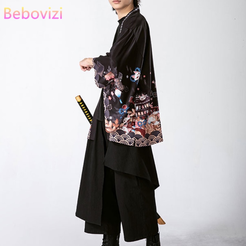 Áo khoác Kimono hóa trang Samurai màu đỏ đen thời trang mùa hè 2021