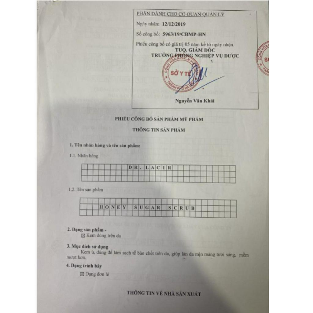 Tẩy da chết sinh học Dr Lacir Tẩy da chết Honey Sugar Scrub chính hãng Loại bỏ da chết, ngừa mụn ẩn, sáng da, 120ml