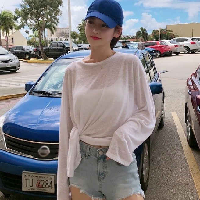 Áo thun ZHELIHANGFEI tay dài cổ tròn dáng rộng thiết kế xẻ tà thời trang