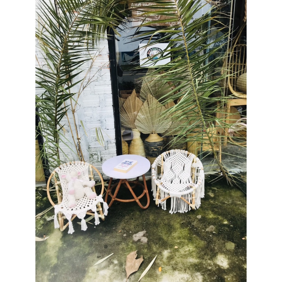 Combo Ghế Mây Đan Macrame Màu Trắng Và Bàn Trà Xinh Xắn Dành Cho Bé - Trang Trí Phòng Bé Hoặc Làm Chụp Hình Studio