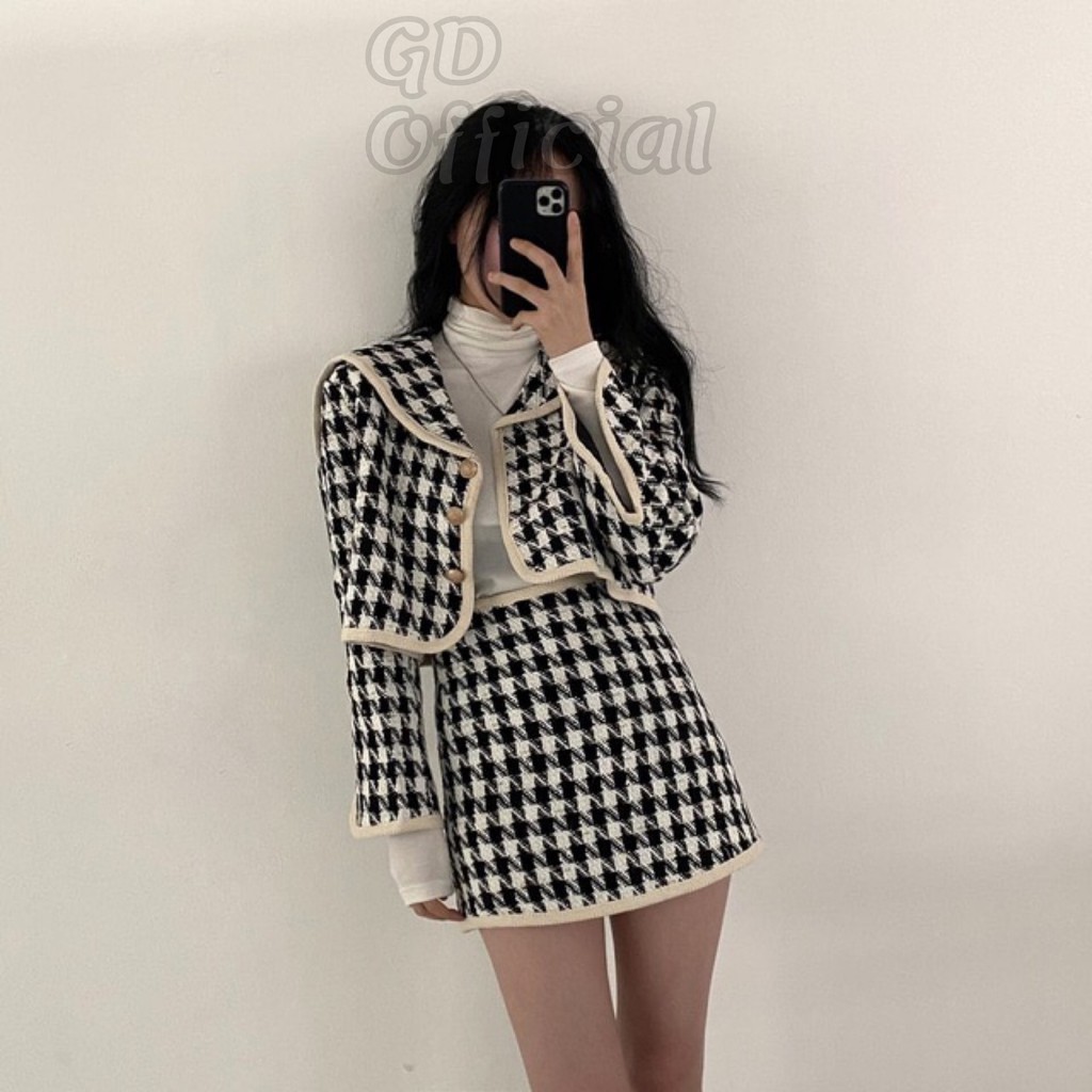 B21|Bộ set dạ tweed áo khoác crotop, chân váy ôm body sọc trắng đen gd_order
