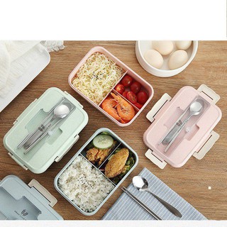 Hộp Đựng Cơm Lúa Mạch 1 Tầng 3 Ngăn Kèm Đũa Và Thìa Inox