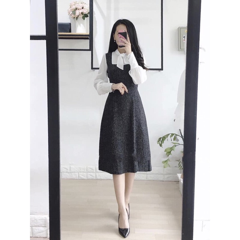 [Mã FAGREEN1505 giảm tới 30K đơn 99K] Váy dạ pha tay sơmi thiết kế nơ cổ siêu sang (có hình thật/video/sẵn)