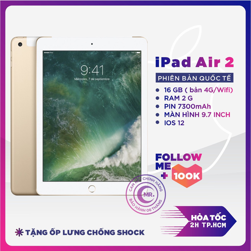 Máy tính bảng Apple IPAD AIR 2 (Bản 4G + WIFI Máy Zin Ram 2G Chip A8X mạnh mẽ Cảm biến vân tay thiết kế sang trọng | BigBuy360 - bigbuy360.vn