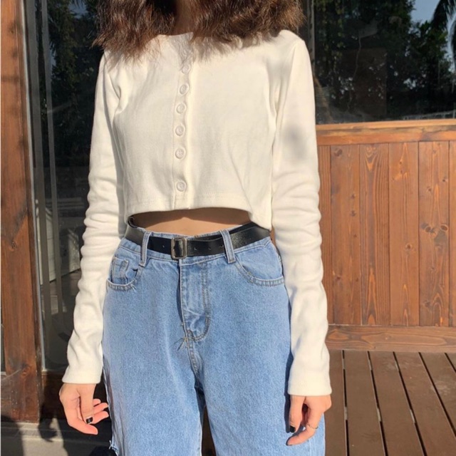 Áo Croptop Cổ Tim Tay Dài YAN Phối Khuy Unisex màu Trắng/Đen/Xanh/Tím