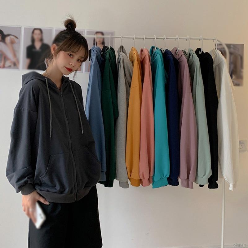 Áo khoác cardigan dáng rộng màu trơn có nón trùm phối khóa kéo thời trang Hàn Quốc cho nữ | BigBuy360 - bigbuy360.vn