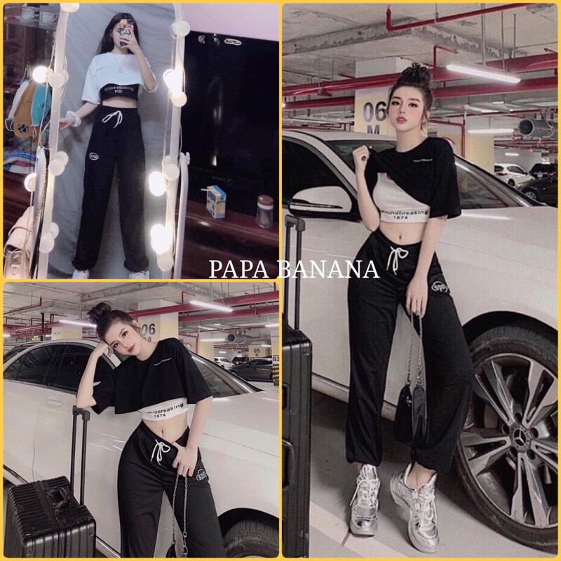 Quần jogger thêu Spun kèm 2 áo croptop thêu GROUNDBREAKING