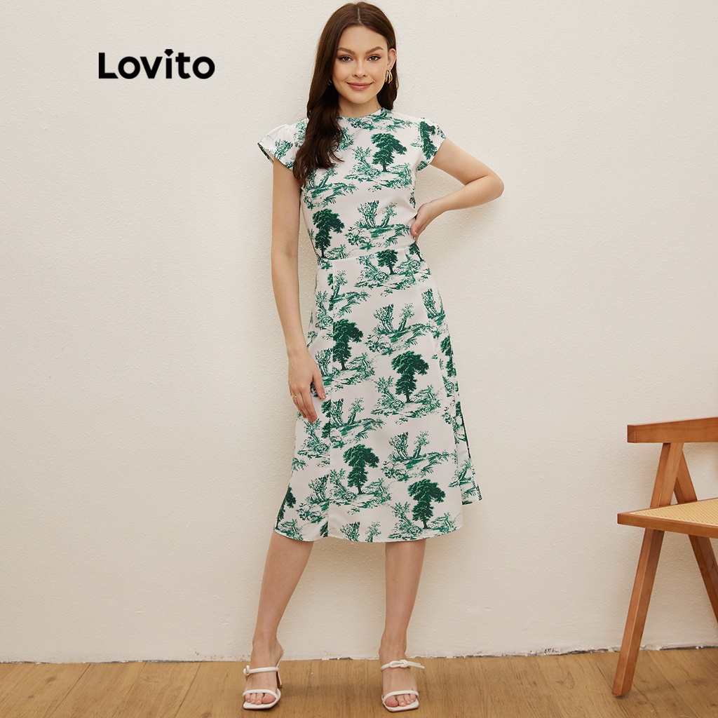 Lovito Đầm Hoa Tay Loe Hở Lưng Cổ Tròn L20D099